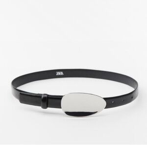 NWT. Zara Black Leather Belt With Oval Buckle. Size 30/EU 80.